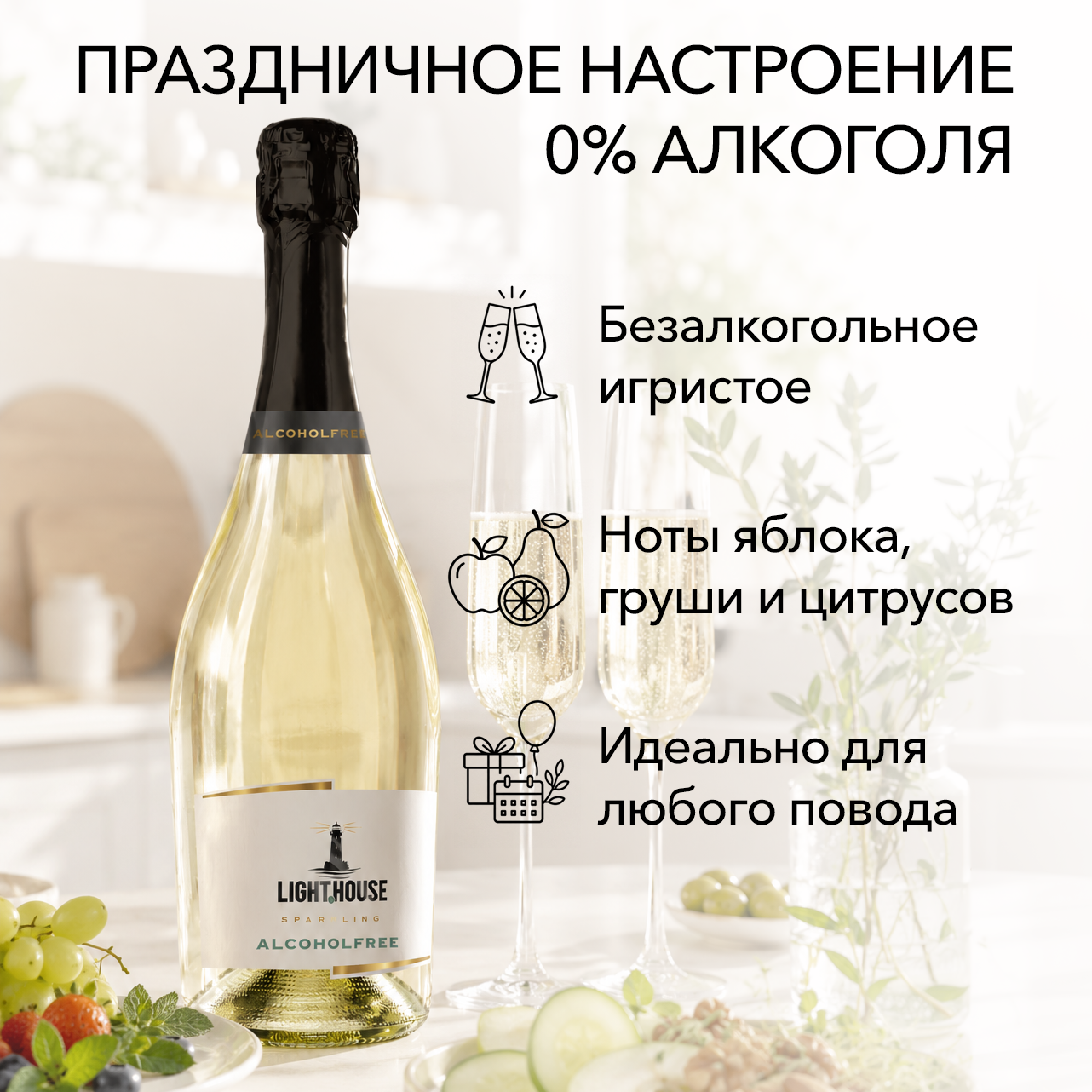 Если хочется праздничного настроения без алкоголя, это отличный выбор. Лёгкий фруктовый аромат, освежающие пузырьки, нотки яблока, груши, белого персика и цитрусовых создают вкус классического игристого, сохраняя при этом 0% алкоголя. Подходит для тех, кто за рулём, придерживается здорового образа жизни или просто хочет насладиться бокалом безалкогольного игристого.